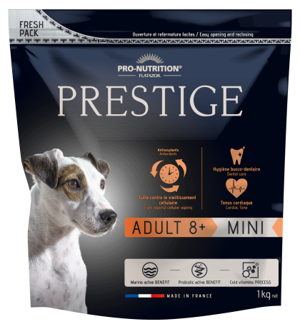 PRESTIGE Mini Adult 8+ Пълноценна храна за кучета от дребни породи на възраст над 8 години 1 kg, ПРЕСТИЖ Мини Адулт 8+