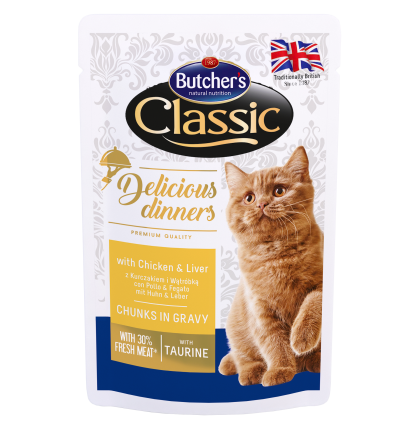 Butcher's Delicious Dinners 100г - Хапки в сос Грейви за котки, с пилешко и черен дроб