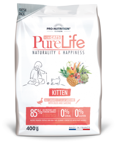 400 g Pure Life CAT KITTEN С ПАТЕШКО И САРДИНИ - Пълноценна храна за малки котенца, котки в напреднала бременност и кърмещи котки, без зърнени култури, без глутен, с 85% животински протеин. Подходяща и за чувствителни котенца. Произведена във Франция.