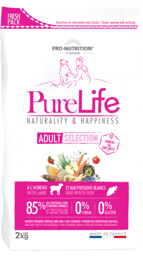 Pure Life DOG ADULT SELECTION  с агнешко 2 kg - Пълноценна храна за пораснали кучета от едри породи, без зърнени култури, без глутен, с 85% животински протеин. Подходяща също и за чувствителни кучета. Произведена във Франция.
