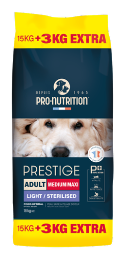  PRESTIGE DOG ADULT MEDIUM/MAXI LIGHT/STERILISED 15 kg + 3 kg гратис - Пълноценна храна за кучета със склонност към напълняване и/или кастрирани кучета, от средни и едри породи. Произведена във Франция. арт. №203560