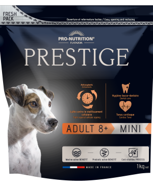 PRESTIGE Mini Adult 8+ Пълноценна храна за кучета от дребни породи на възраст над 8 години 1 kg, ПРЕСТИЖ Мини Адулт 8+