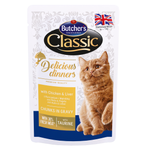 Butcher's Delicious Dinners 100г - Хапки в сос Грейви за котки, с пилешко и черен дроб