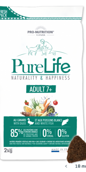Pure Life DOG ADULT 7+ - Пълноценна храна за пораснали кучета от всички породи, над 7-годишна възраст 2 kg, без зърнени култури, без глутен, 85% животински протеин. Подходяща и за чувствителни кучета. Произведена във Франция.