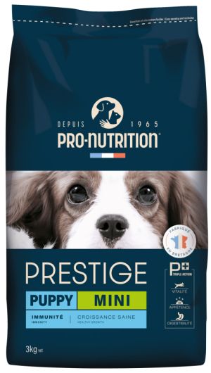 PRESTIGE DOG PUPPY MINI 3 kg - Пълноценна храна за подрастващи кученца от дребни породи, както и и женски кучета в напреднала бременност, също и за кърмещи кучета. Произведена във Франция.