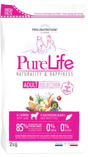 Pure Life DOG ADULT SELECTION  с агнешко 2 kg - Пълноценна храна за пораснали кучета от едри породи, без зърнени култури, без глутен, с 85% животински протеин. Подходяща също и за чувствителни кучета. Произведена във Франция.