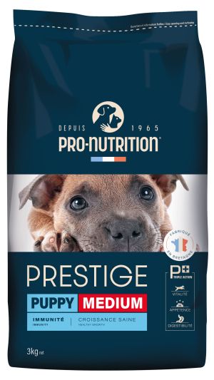 PRESTIGE DOG PUPPY MEDIUM 3 kg - Пълноценна храна за подрастващи кученца от средни породи, както и за женски кучета в края на бременността или в периода на кърмене. Произведена във Франция.
