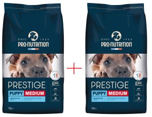 PRESTIGE DOG PUPPY MEDIUM 3 kg + 3 kg Опаковка ГРАТИС - Пълноценна храна за подрастващи кученца от средни породи, както и за женски кучета в края на бременността или в периода на кърмене. Произведена във Франция.