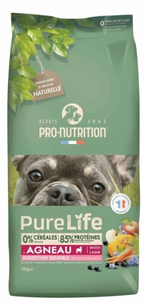 Pure Life DOG ADULT SENSITIVE, Lamb 11kg - Пълноценна храна с агнешка, за чувствителни към храната кучета, без зърнени култури, без глутен, с 85% животински протеин. Произведена във Франция.
