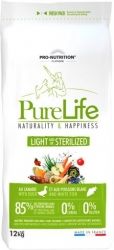 Pure Life LIGHT AND/OR STERILIZED 12 kg - Пълноценна храна за кучета със склонност към наднормено тегло и/или кастрирани кучета, без зърнени храни, без глутен, с 85% животински протеин. Подходяща и за чувствителни кучета. Произведена във Франция.