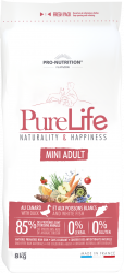 Pure Life MINI ADULT 8 kg - Пълноценна храна за кучета от дребни породи, без зърнени култури, без глутен, с 85% животински протеин. Подходяща и за чувствителни кучета. Произведена във Франция.