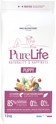 Pure Life PUPPY 12 kg - Пълноценна храна за малки кученца и кучета в напреднала бременност, както и за кърмещи кучета, без зърнени култури, без глутен, с 85% животински протеин. Подходяща и за чувствителни кученца. Произведена във Франция.