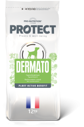 Pro-Nutrition Flatazor PROTECT DOG Dermato 12 kg - Пълноценна храна за кучета със специфични хранителни потребности: дерматологични нарушения, чувствителни към храната. Укрепва здравето на кожата, 65% животински протеини. Хипоарергенна