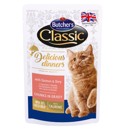Butcher's Delicious Dinners 100г - Хапки в сос Грейви за котки, със сьомга и риба Дори