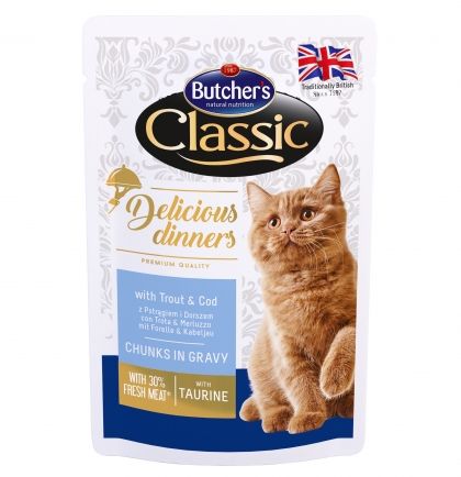 Butcher's Delicious Dinners 100г - Хапки в сос Грейви за котки, с пъстърва и атлантическа треска