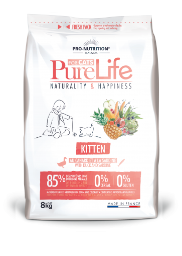 Pure Life Cat KITTEN С ПАТЕШКО И САРДИНИ 8 kg - Пълноценна храна за малки котенца, котки в напреднала бременност и кърмещи котки, без зърнени култури, без глутен, с 85% животински протеин. Подходяща и за чувствителни котенца. Произведена във Франция.