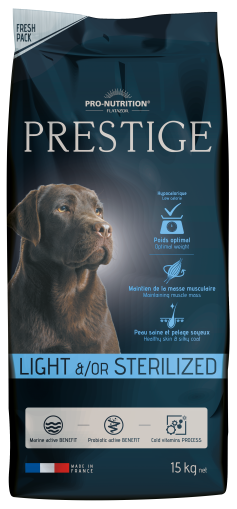 Пълноценна храна за кучета със склонност към наднормено тегло и/или кастрирани кучета, от всички породи Prestige LIGHT &/OR STERILIZED 15 кг