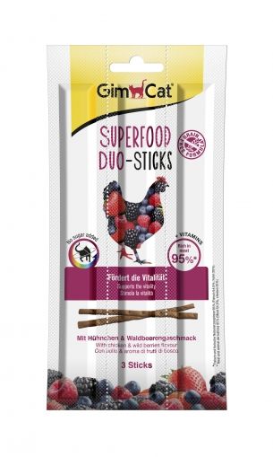 GimCat Superfood Duo-Sticks - Саламена пръчица за коте с пилешко месо и горски плодове, 3 бр.