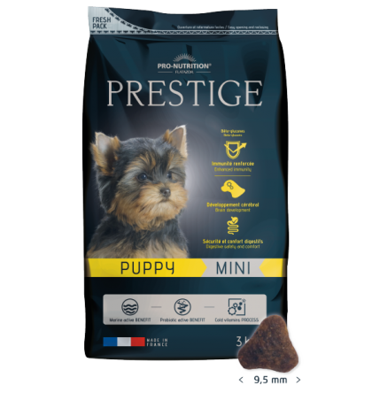 PRESTIGE PUPPY MINI 3 kg Пълноценна храна за подрастващи кученца от дребни породи, както и за женски кучета от дребни породи в края на бременността или през периода на кърмене