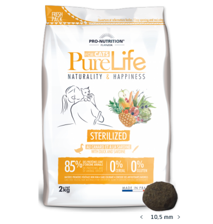 Pure Life Cat STERILIZED С ПАТЕШКО И САРДИНИ 2kg- без зърнени храни, 85% протеини от животински произход