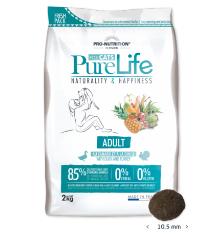 Pure Life Cat ADULT С ПАТЕШКО И ПУЙКА 2 kg - без зърнени храни, 85% протеини от животински произход