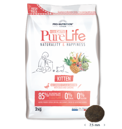 Pure Life Cat KITTEN С ПАТЕШКО И САРДИНИ 2 кг - Пълноценна храна за малки котенца, котки в напреднала бременност и кърмещи котки, без зърнени култури, без глутен, с 85% животински протеин. Подходяща и за чувствителни котенца. Произведена във Франция.