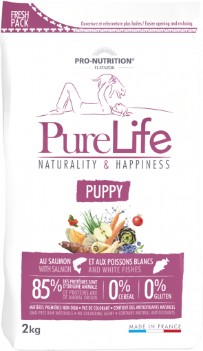 Pure Life PUPPY 2 kg - Пълноценна храна за малки кученца и кучета в напреднала бременност, както и за кърмещи кучета, без зърнени култури, без глутен, с 85% животински протеин. Подходяща и за чувствителни кученца. Произведена във Франция.