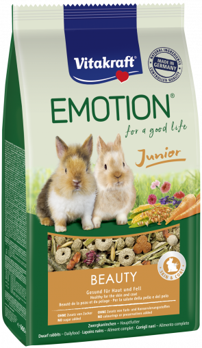 Vitakraft, EMOTION® BEAUTY Junior   Пълноценна храна за млади декоративни зайци - на възраст под 6 месеца. Здравословна за кожата и козината!