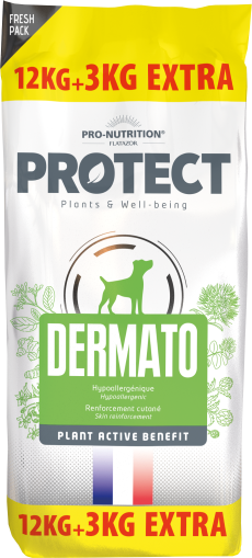 Пълноценна хипоалергенна храна за кучета с дерматологични нарушения, 12 кг + 3 кг гратис - Pro-Nutrition Flatazor Protect Dermato - укрепва здравето на кожата, 65% протеини от животински произход