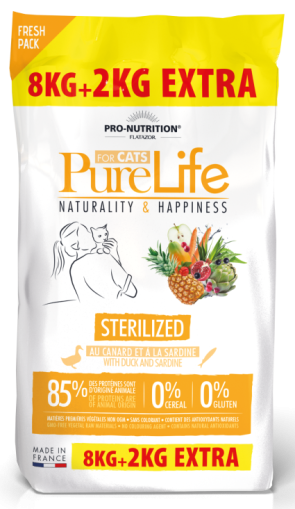 Pure Life Cat STERILIZED С ПАТЕШКО И САРДИНИ 8 kg + 2 kg Extra - без зърнени храни, 85% протеини от животински произход