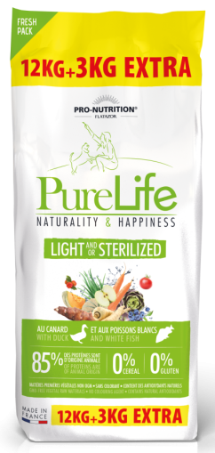Pure Life LIGHT AND/OR STERILIZED 12 kg + 3 kg гратис - Пълноценна храна за кучета със склонност към наднормено тегло и/или кастрирани кучета, без зърнени храни, без глутен, с 85% животински протеин. Подходяща и за чувствителни кучета. Произведена във Фра