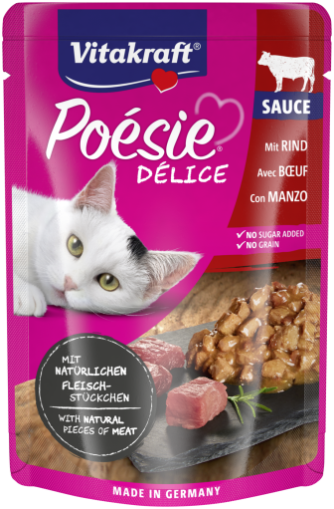 Паучове за котки - вкусен сос с истински парченца говеждо месо 85 г - Vitakraft POESIE Pouch