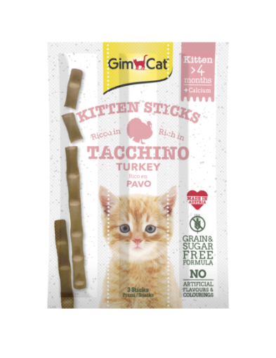 Лакомства за котки - GimCat KittenSticks - Саламена пръчица за малки котенца с пуйка и калций 3 бр.