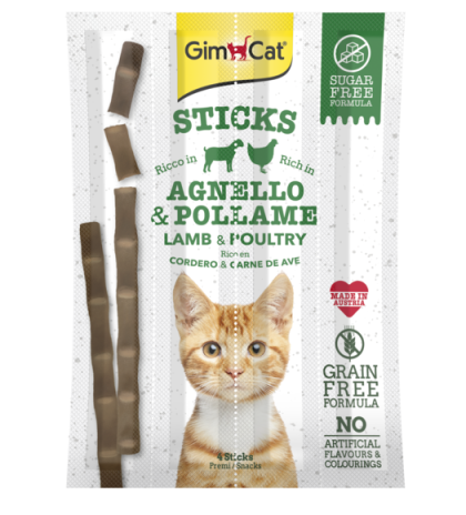 Лакомства за котки - GimCat Sticks - Саламена пръчица с агнешко и птиче месо 4 бр.