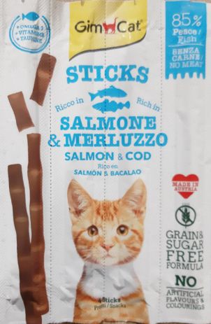 Лакомства за котки - GimCat Sticks - Саламена пръчица със сьомга и атлантическа треска 4 бр.