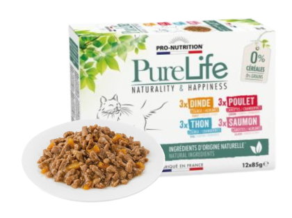 Pure Life МУЛТИПАК (12 бр.) пауч за котки - филенца с пилешко, пуешко, сьомга и риба тон 4 разл. вкуса по 3 бр.