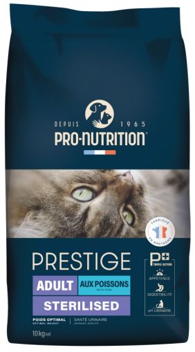 PRESTIGE CAT ADULT STERILISED С РИБА, ЗА КАСТРАТИ 10 kg - Пълноценна храна за пораснали кастрирани котки и за котки, склонни към напълняване. Произведена във Франция.