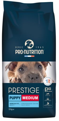 PRESTIGE DOG PUPPY MEDIUM 12 kg - Пълноценна храна за подрастващи кученца от средни породи, както и за женски кучета в края на бременността или в периода на кърмене. Произведена във Франция.