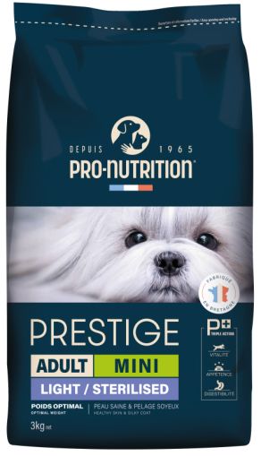 PRESTIGE DOG ADULT MINI LIGHT/STERILISED 3 kg - Пълноценна храна за кучета със склонност към напълняване и/или кастрирани кучета от дребни породи. Произведена във Франция.