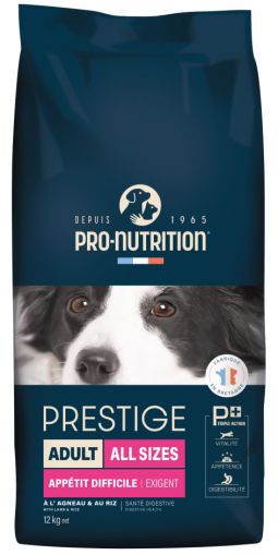 PRESTIGE DOG ADULT ALL SIZES EXIGENT 12 kg - Пълноценна храна за пораснали кучета от всички породи, за кучета с НАМАЛЕН АПЕТИТ - с агнешко и ориз. Произведена във Франция.