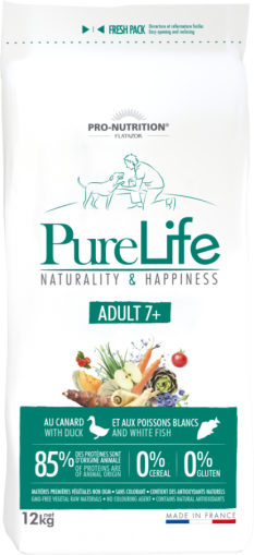 Pure Life ADULT 7+ - Пълноценна храна за пораснали кучета от всички породи, над 7-годишна възраст 12 kg, без зърнени култури, без глутен, с 85% животински протеин. Подходяща и за чувствителни кучета. Произведена във Франция.