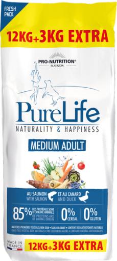 Pure Life MEDIUM ADULT 12 kg + 3 kg гратис - Пълноценна храна за пораснали кучета, без зърнени храни, без глутен, с 85% животински протеин. Подходяща и за чувствителни кучета. Произведена във Франция.