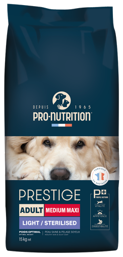  PRESTIGE DOG ADULT MEDIUM/MAXI LIGHT/STERILISED 15 kg - Пълноценна храна за кучета със склонност към напълняване и/или кастрирани кучета, от средни и едри породи. Произведена във Франция.