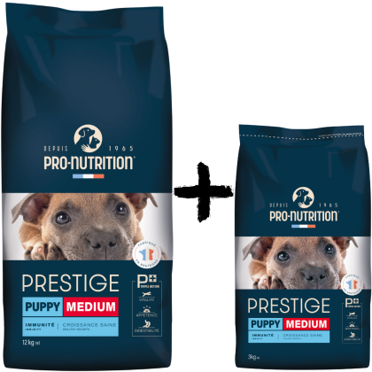 PRESTIGE PUPPY MEDIUM 12 kg + 3 kg подарък - Пълноценна храна за подрастващи кученца от средни породи, както и за женски кучета в края на бременността или в периода на кърмене. Произведена във Франция.