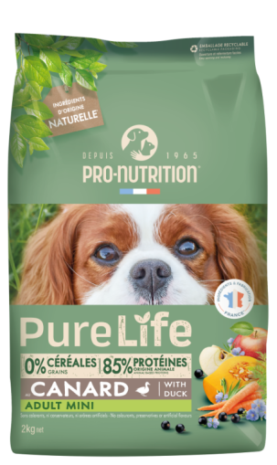Pure Life Dog ADULT MINI with DUCK 2 кг - Пълноценна храна за пораснали кучета от дребни породи на възраст над 10 месеца и с тегло под 10 кг, с ПАТИЦА. Без зърно, без глутен. Произведена във Франция.