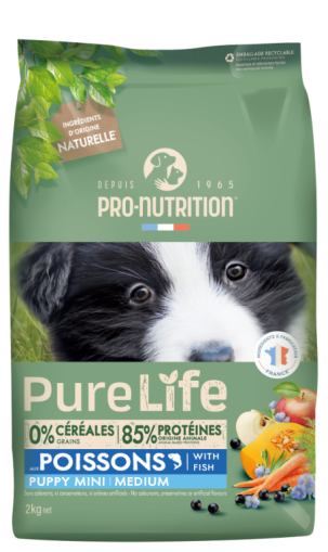 Pure Life Dog PUPPY MINI MEDIUM with Fish 2 kg - Пълноценна храна за подрастващи кучета от дребни и средни породи, под 15 мес, под 25 кг. С риба. Подходяща и за женски кучета в края на бременността или в периода на кърмене. Без зърно, без глутен. Франция