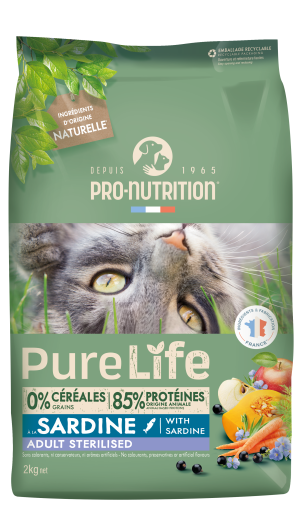 Pure Life for cats STERILIZED with Sardine 2 кг - Пълноценна храна за кастрирани пораснали котки на възраст над 1 г. Подходящо е да се предлага и на котки със склонност към наднормено тегло. Със сардини. Произведена във Франция.