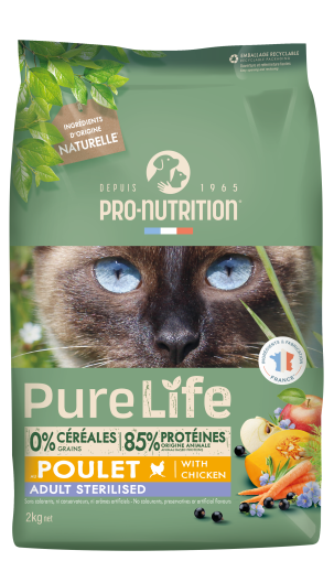 Pure Life for cats STERILIZED with Chicken 2 кг - Пълноценна храна за кастрирани пораснали котки на възраст над 1 г. Подходящо е да се предлага и на котки със склонност към наднормено тегло. С пиле. Произведена във Франция.