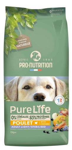 Pure Life Dog ADULT LIGHT and/or STERILIZED with Chicken 12 кг - Пълноценна храна за пораснали кучета със склонност към наднормено тегло и/или кастрирани кучета от всички породи на възраст над 1 година, с ПИЛЕ. Без зърно, без глутен. Производство Франция.