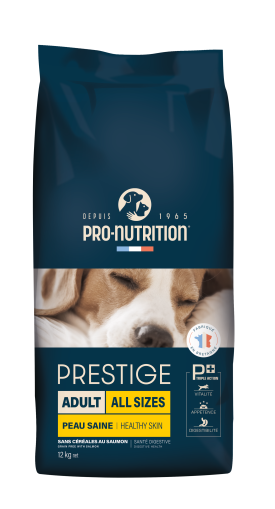 PRESTIGE DOG ADULT ALL SIZES SKIN 12 kg - Пълноценна храна за пораснали кучета от всички породи, БЕЗ ЗЪРНО и ГЛУТЕН, с ПРОБИОТИК, за ЗДРАВЕТО НА КОЖАТА И КОЗИНАТА, при ВЛОШЕНО КАЧЕСТВО НА ИЗПРАЖНЕНИЯТА, при МЕТЕОРИЗЪМ, много ВКУСНА ХРАНА за КАПРИЗНИ 